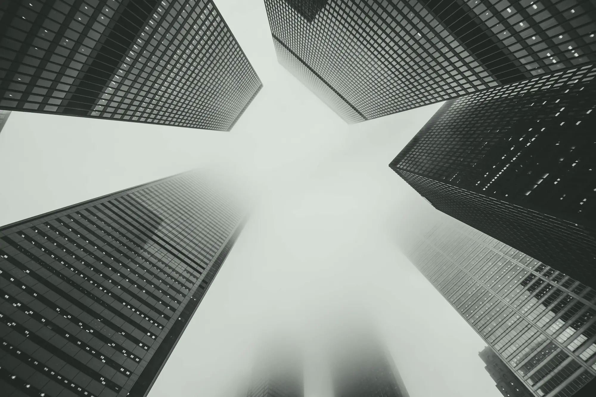 Glass skyscrapers rising into fog from below
